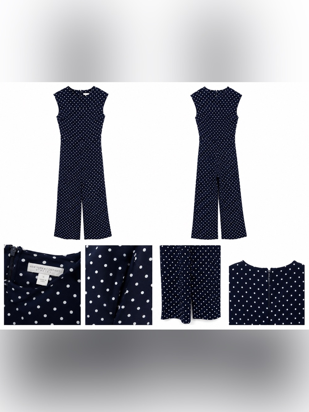 New York & Company Navy and White Polka-Dot Wide-Leg Jumpsuit